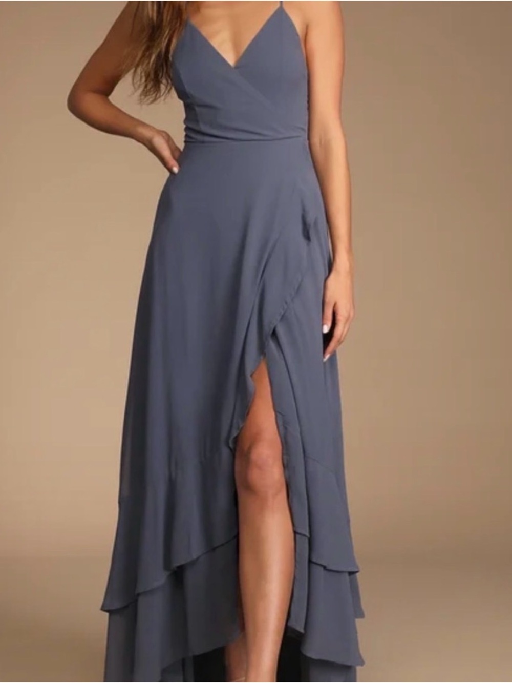 Lulu's Slate Blue Spaghetti-Strap Wrap High-Low Maxi Dress